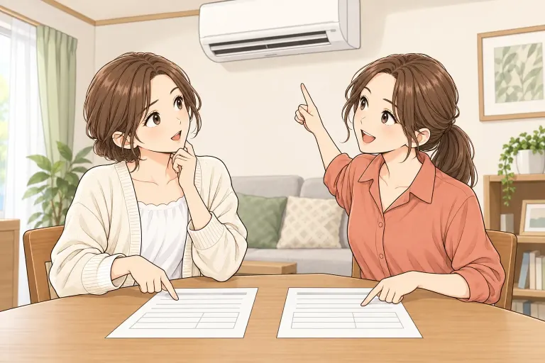 エアコンの下で、洗いたいと相談するふゆと、エアコンを指さすなつ