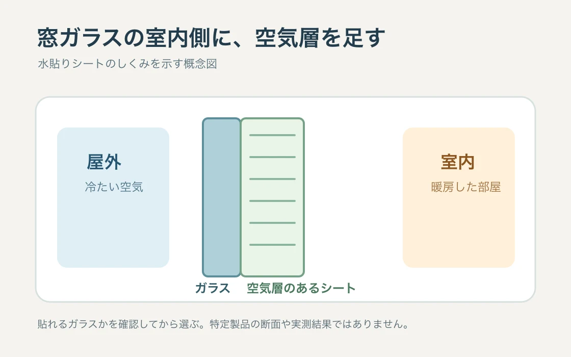 屋外・ガラス・室内側の空気層を持つシートの位置関係を示した図