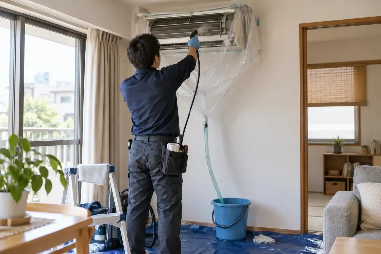 壁掛けエアコンの内部を洗う清掃作業のイメージ