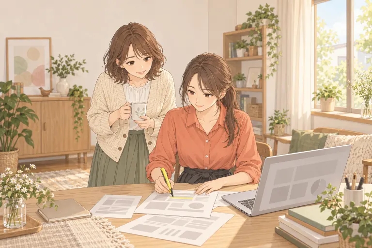 資料に印を付けて確認するなつと、のぞき込むふゆ